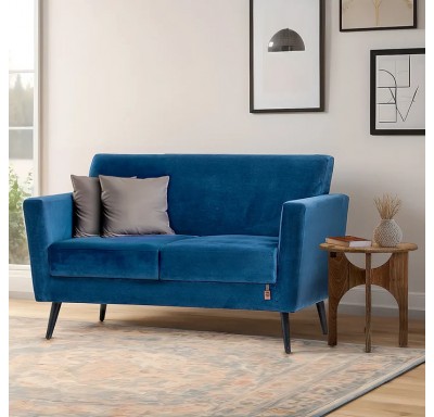 Cairo Wooden 2 Seater Sofa (Velvet, Blue)